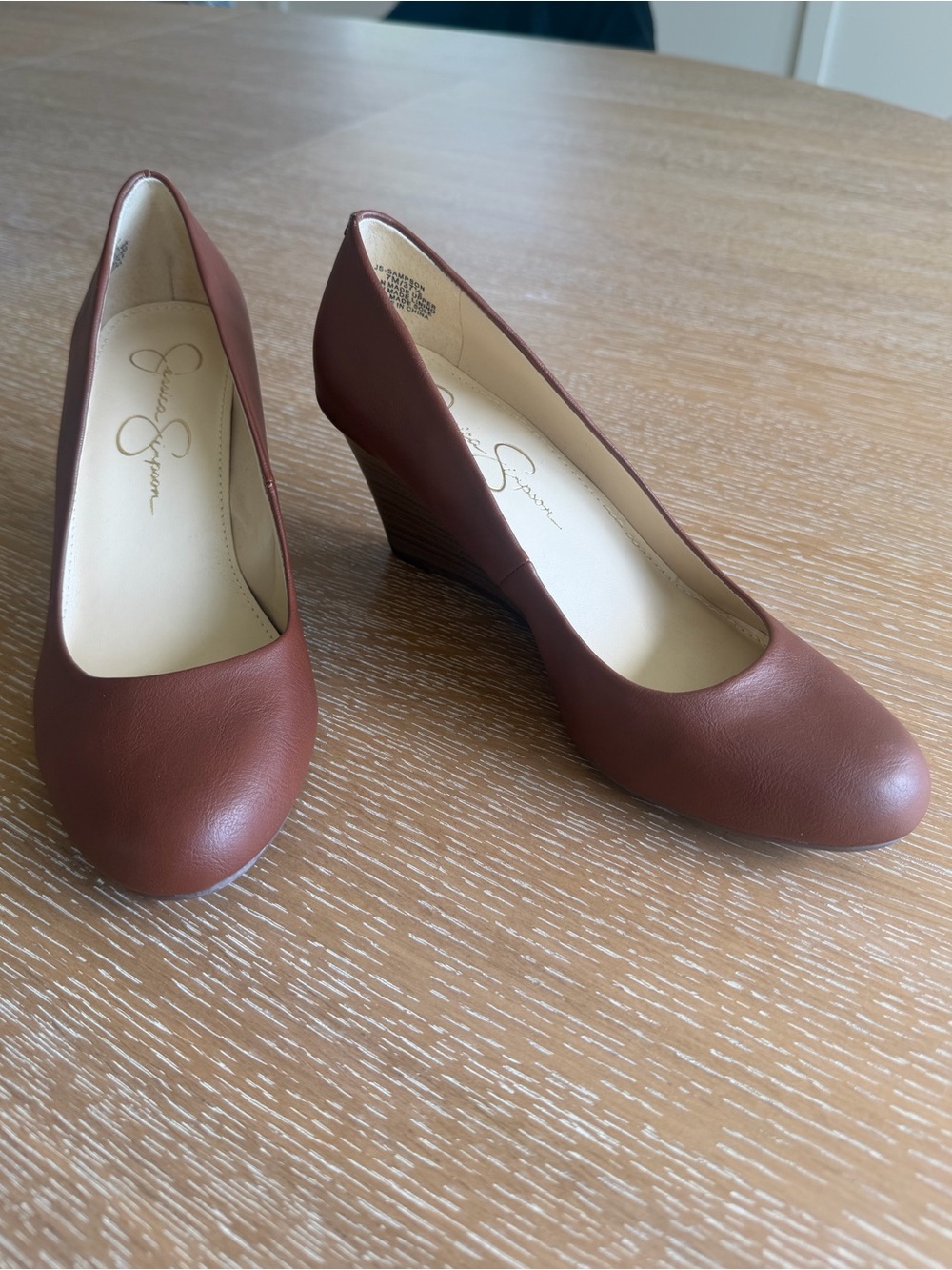 NWOT Jessica Simpson Brown Leather-Look Wedge Pumps.  Never worn